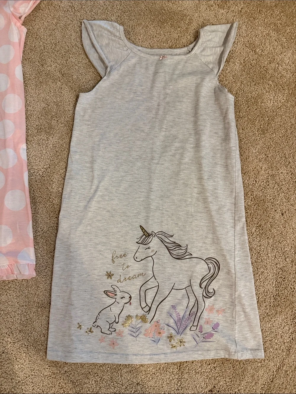 Carter's Pink Polka Dot & Gray Unicorn Nightgowns - Girls Pajamas. Size 8-10.
